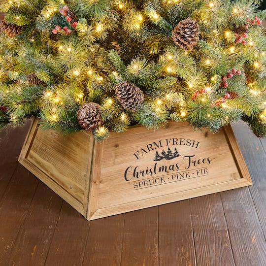 Glitzhome® Natural 26" Farm Fresh Christmas Trees Wooden Trapezoid Tree Collar